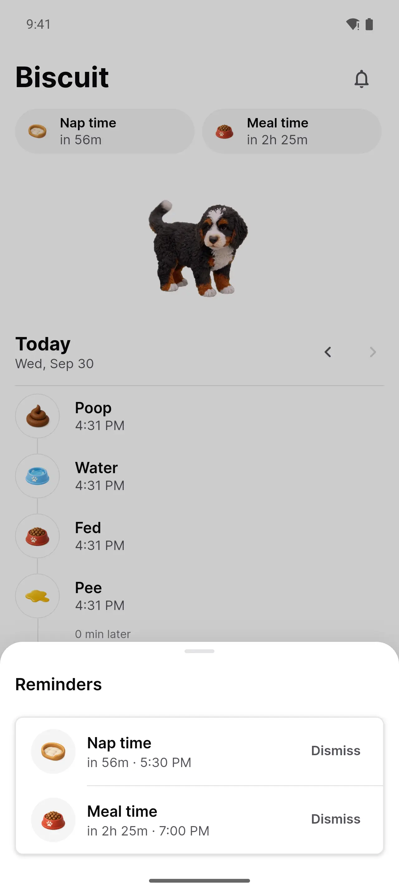 Wags reminders, timed from the puppy’s own food-to-potty delay.